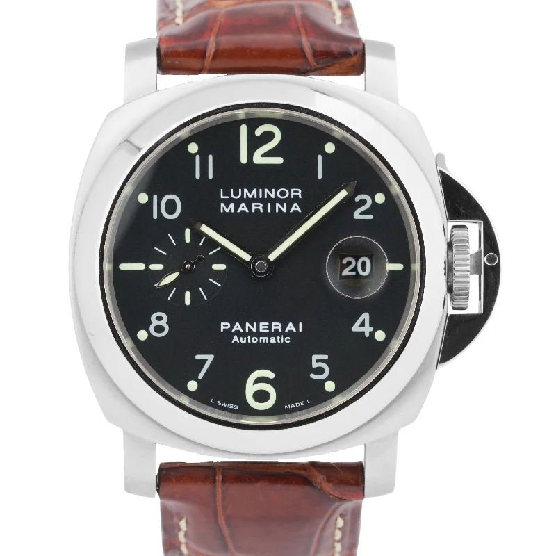 Luxury Watches With Sapphire Glass-Panerai Luminor Marina Stainless Steel Black 44mm PAM00164 Leather PAM 164 Watch