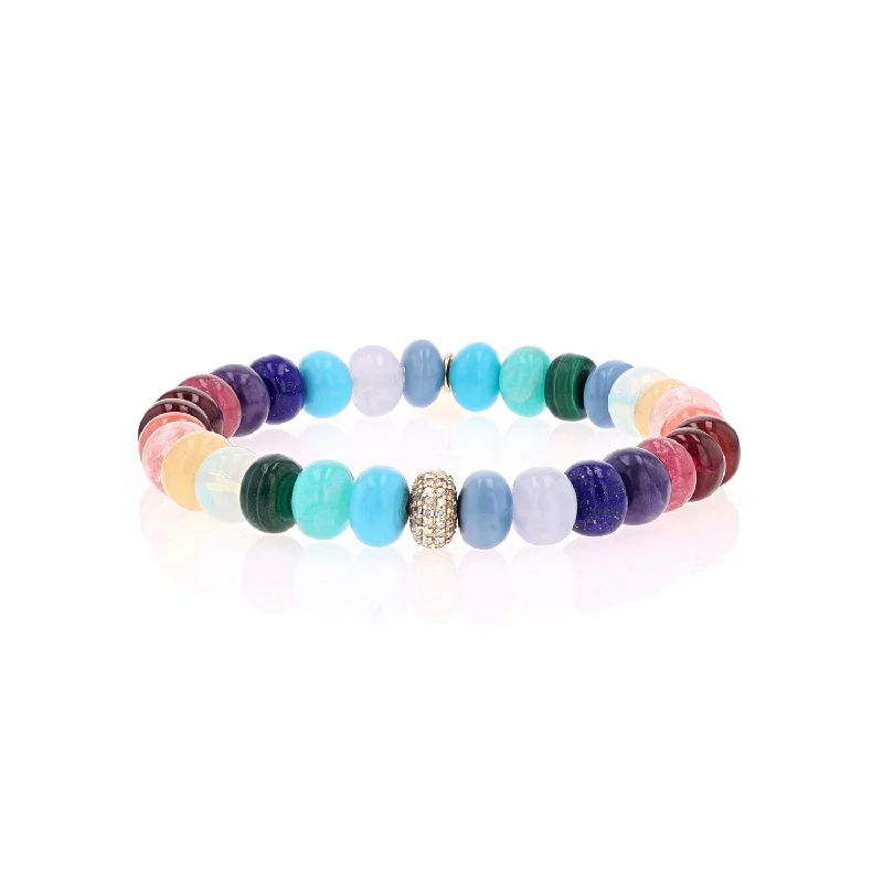 Personalized Men’s Leather Bracelets-14k Rainbow Gemstone Mix Bracelet with Diamond Donut Bead  BG000796