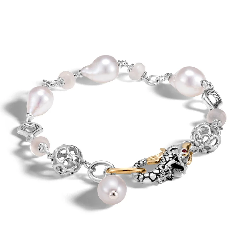 Unique Bracelets For Occasions-Legends Naga Gold and Silver Bracelet with Baroque Pearls, White Moonstone and Treated Ruby Eyes