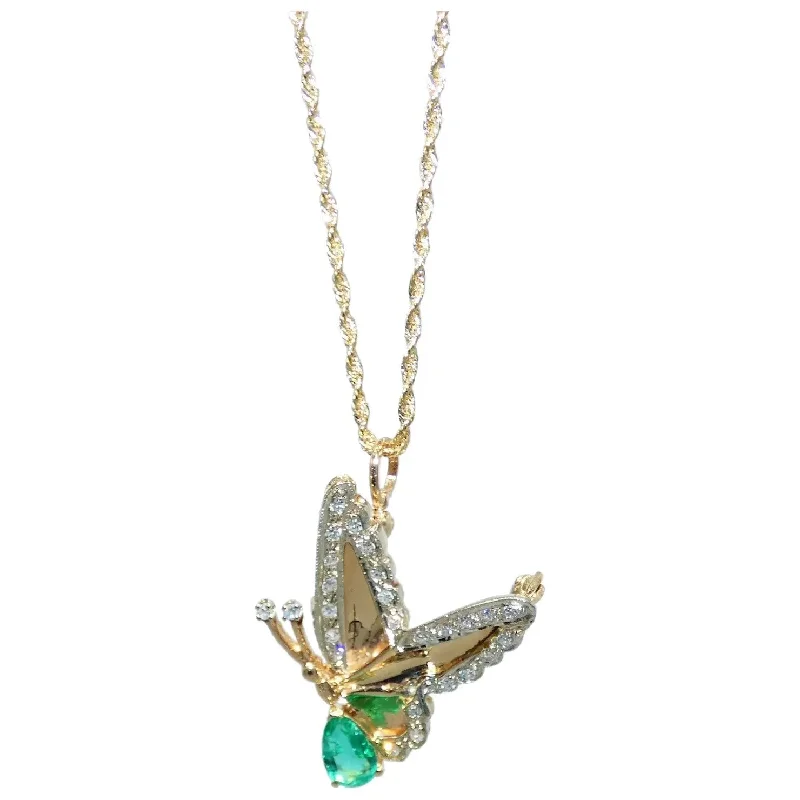 Modern Geometric Pendant Necklace For Fashion-14K Gold Butterfly Pin/ Pendant with Emerald & Diamonds