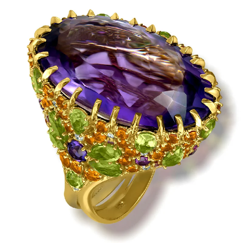 Elegant Pearl Rings For Bridesmaids-Gold Blossom Ring with Oval Amethyst & Peridot