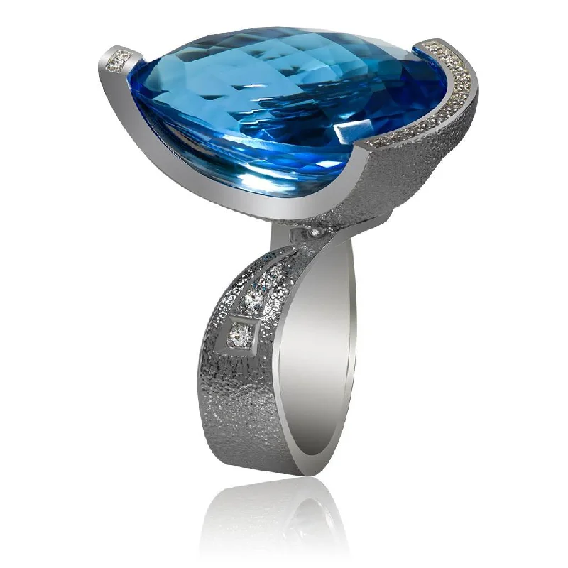 Elegant Emerald Rings For Wedding Bands-Gold Swan Ring with Blue Topaz & Diamonds