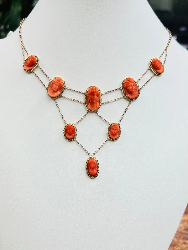 Long Pendant Necklace For Office Wear-Victorian 8 Coral Cameo Festoon 14k Gold Necklace Circa 1890