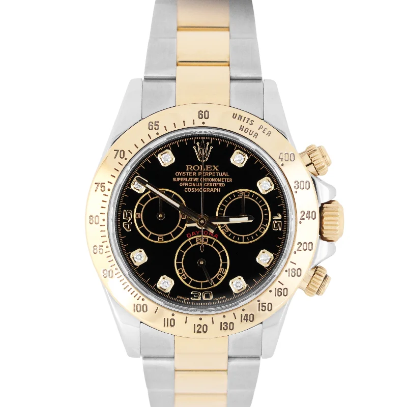 Affordable Watches With Simple Designs-Rolex Daytona Cosmograph Two-Tone 18k Gold Steel Black DIAMOND 40mm 116523 Watch