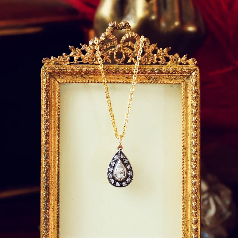 Classic Gold Chain Necklace For Bridesmaids-Antique Pear Shaped Rose Diamond Pendant