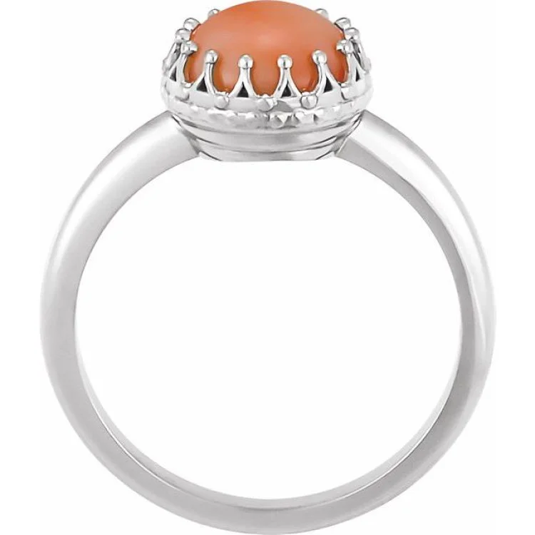 Classic Platinum Wedding Bands For Brides-14K White 5 mm Natural Pink Coral Crown Cabochon Ring