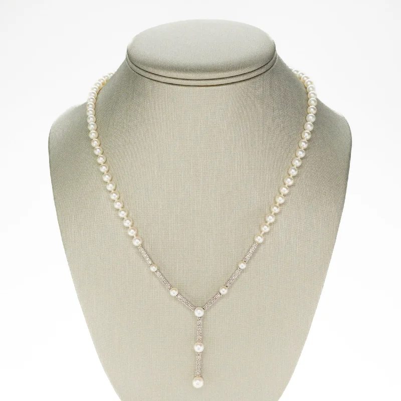 Dainty Gold Necklace For Minimalist Style-4.50mm Wide Round Pearl and Diamond 18" Necklace in 14K White Gold