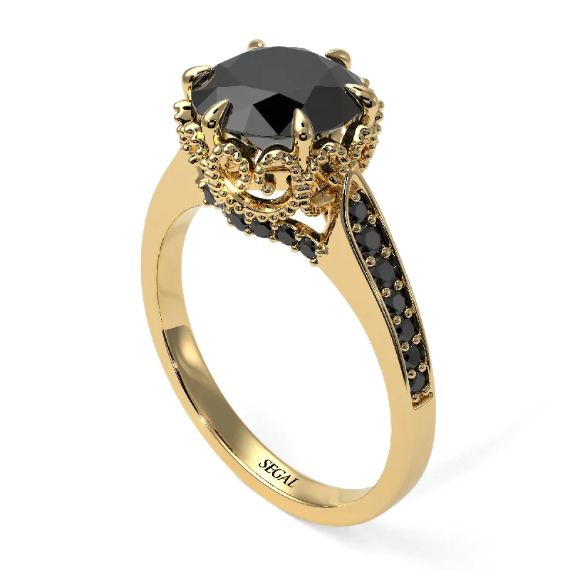 Classic Gold Rings For Elegant Weddings-Black Diamond Milgrain Engagement Ring - Yara No. 37