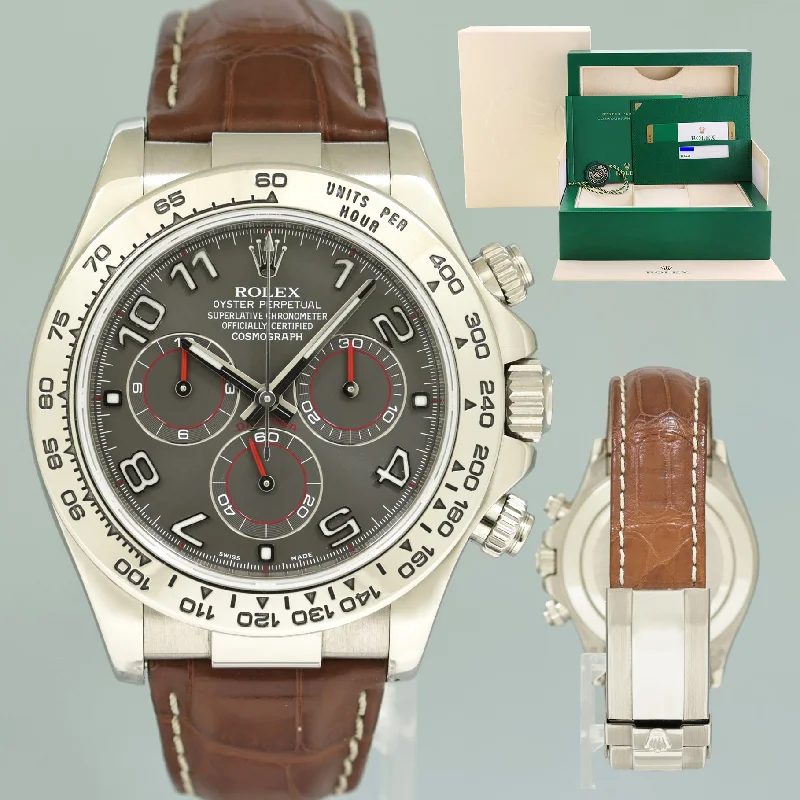 Stylish Watches With Bold Faces-MINT 2015 PAPERS Rolex Daytona White Gold 116519 Slate Grey Racing Leather Watch