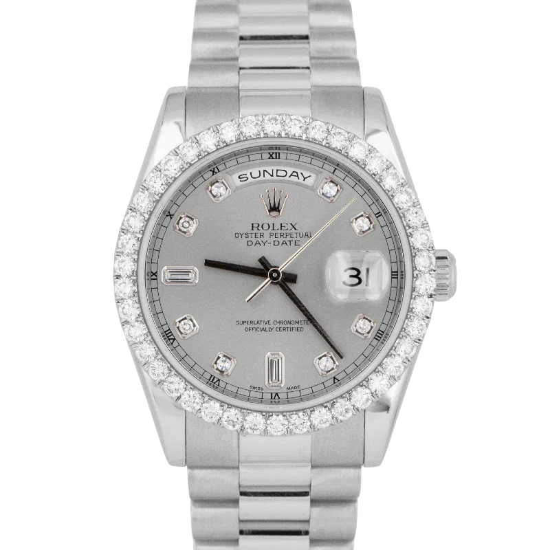 Durable Watches For Workouts-MINT Rolex Day-Date Presidential 36mm Silver DIAMOND 950 Platinum Watch 118206