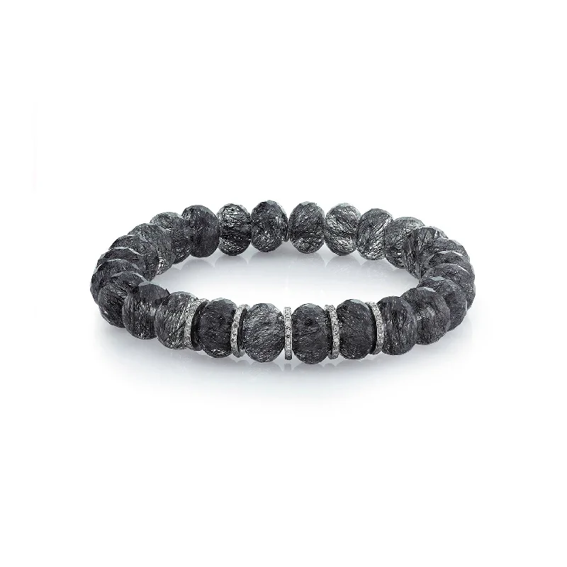 Minimalist Bracelets For Men-Black Tourmalinated Quartz Bead Bracelet with 5 Diamond Rondelles - 9mm  B0001354