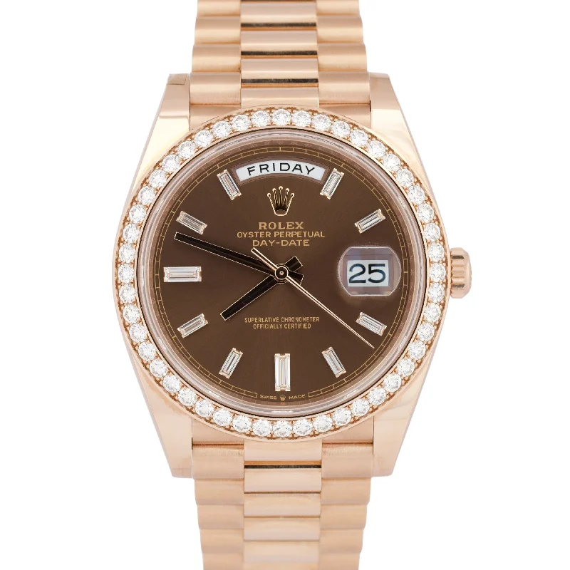 Designer Watches With Modern Features-UNWORN 2024 Rolex Day-Date 40mm FACTORY CHOCOLATE BAGUETTE 18K 228345 RBR BOX