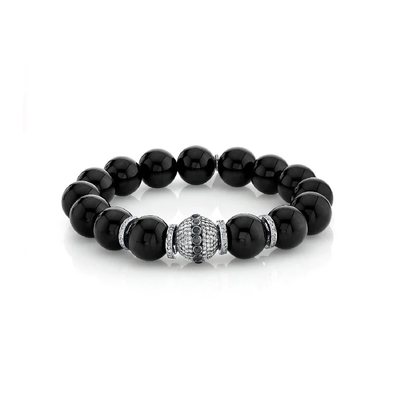 Luxury Diamond Bracelets-Black Onyx Bracelet with Diamond Bezel Bead - 12mm  B0000416