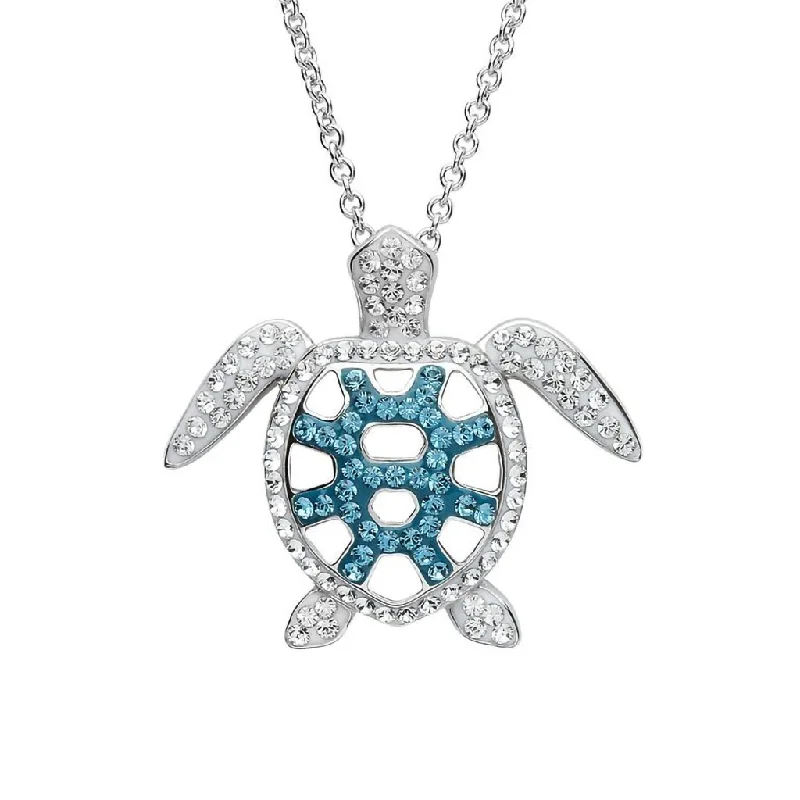 Simple Gold Necklace For Daily Wear-Ocean : Filigree Turtle Pendant With Teal Crystals