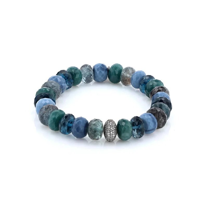 Custom Metal Bracelets-Blue Green Mix Bead Bracelet with Diamond Donut - 10mm  B0003577