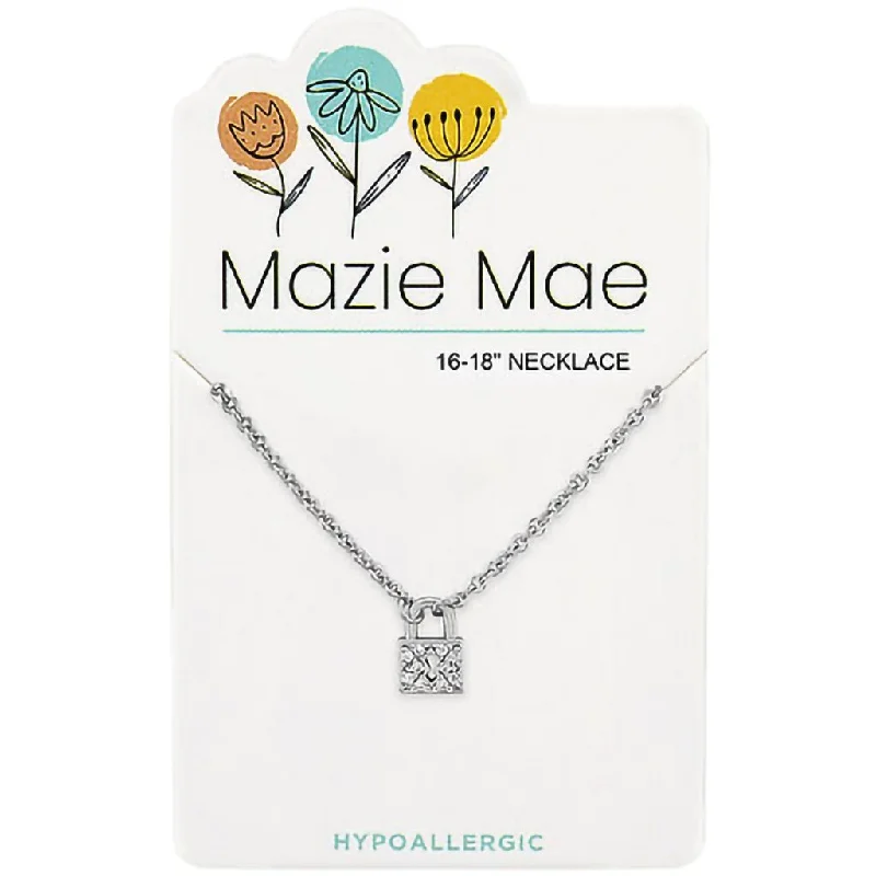 Long Boho Necklace For Casual Wear-Center Court: Silver CZ Padlock Mazie Mae Necklace