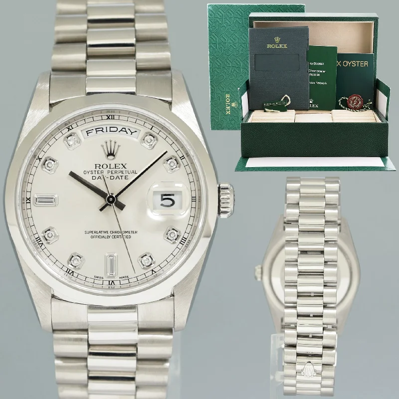 Luxury Watches With Sapphire Crystals-MINT Rolex President Day Date 36mm Silver Diamond 18206 Platinum Watch Box